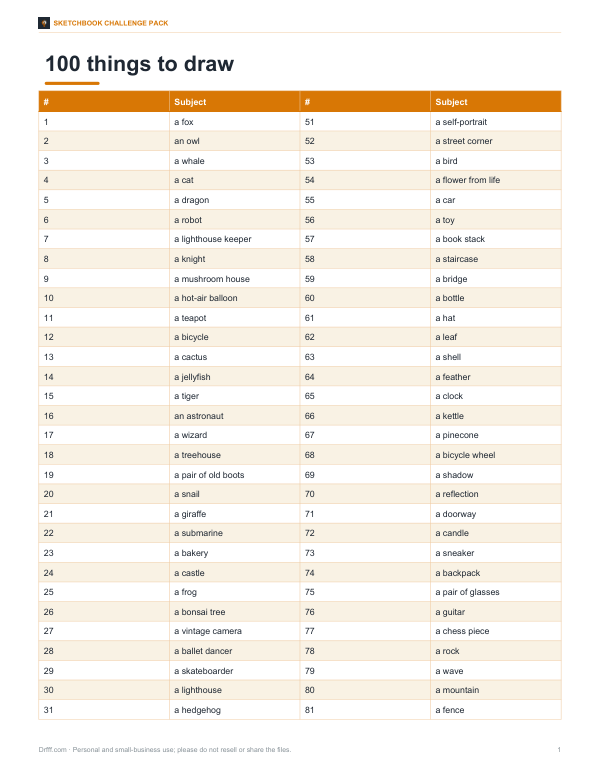 Preview of Printable 100-Day Drawing Ideas List